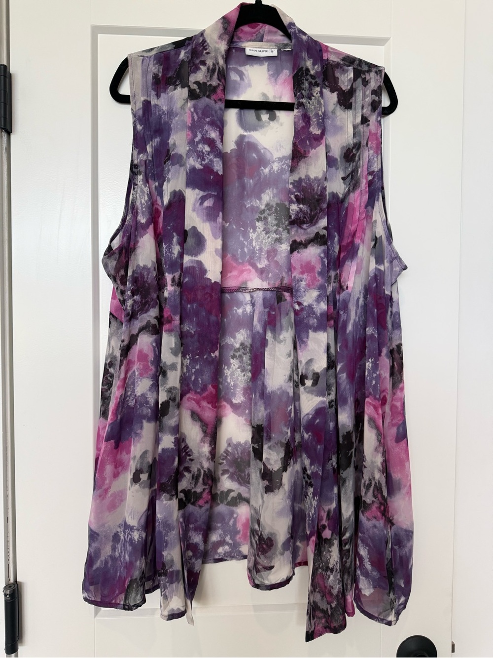 Susan Graver Chiffon Watercolor Floral Open Front Vest - Purple/Pink